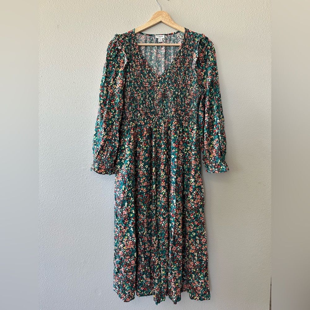 J Crew Smocked V Neck Long Sleeve Micro Floral Ruffle Midi Dress Green Size M